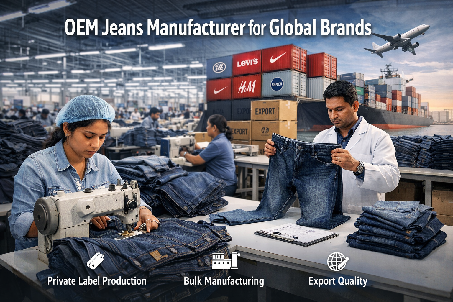 OEM jeans manufacturer for global brands offering private label denim production, bulk manufacturing, and export-quality jeans from India