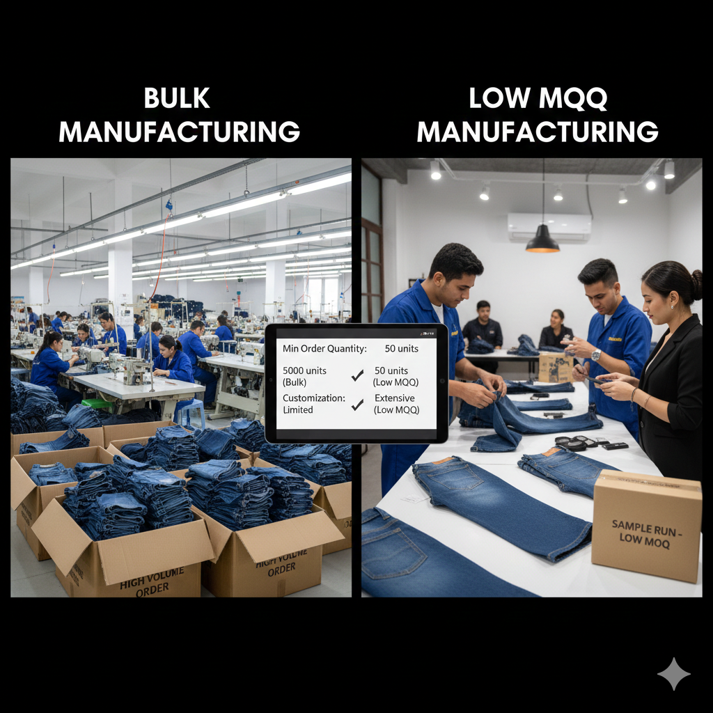 bulk vs low MOQ jeans manufacturing for international buyers