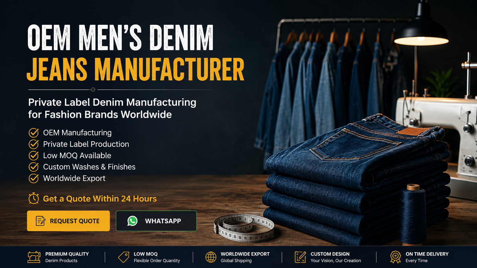 OEM men's denim jeans manufacturer offering private label production, custom washes, low MOQ and worldwide export services.