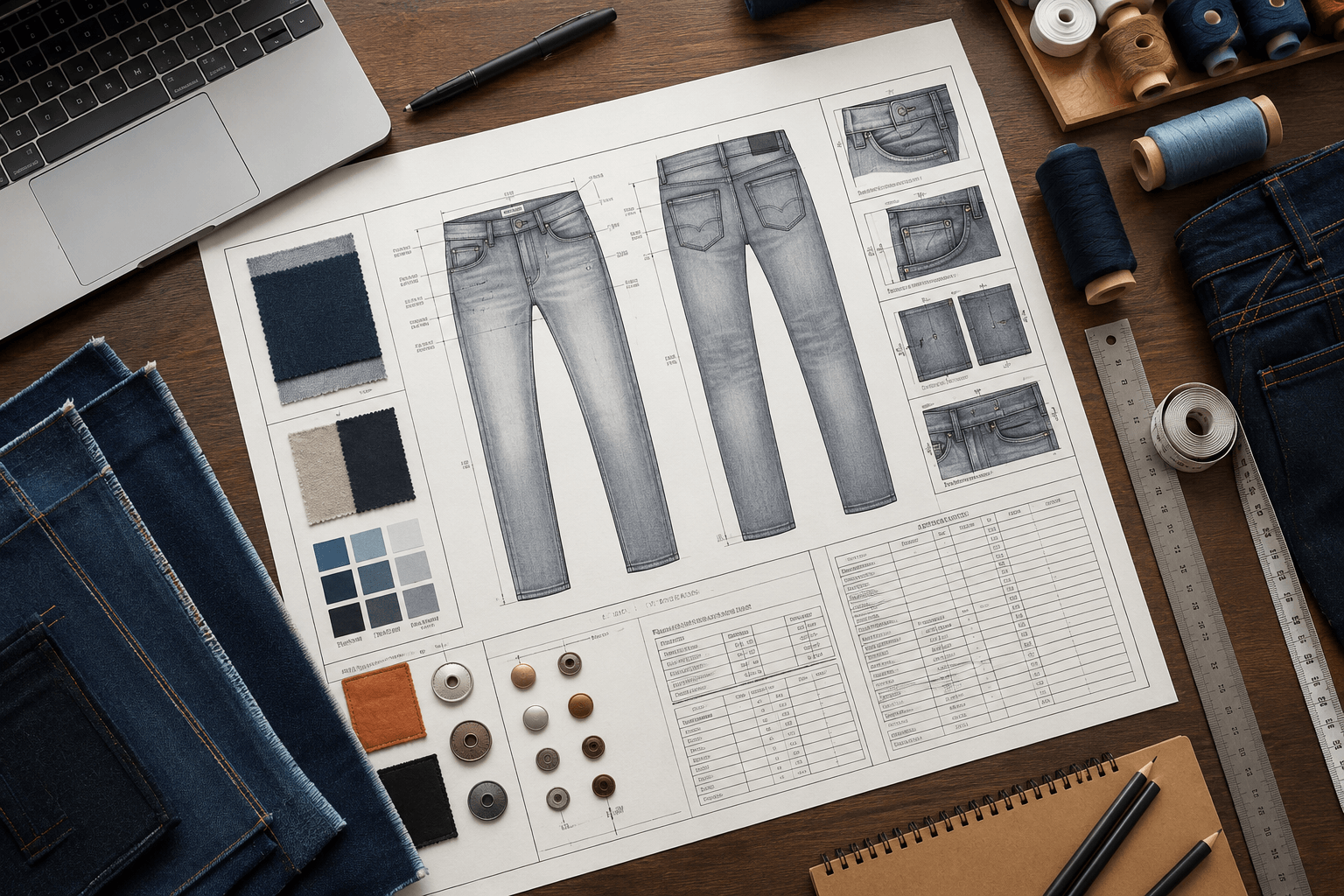 Professional jeans tech pack with denim specifications for men's jeans manufacturing