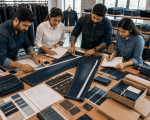 Quality-control team inspecting a men’s denim jeans sample for measurements, fit, wash, stitching and trims before bulk production