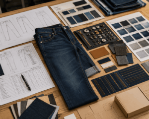 Men’s denim jeans tech pack with technical sketches, measurement chart, fabric swatches, trims and wash references