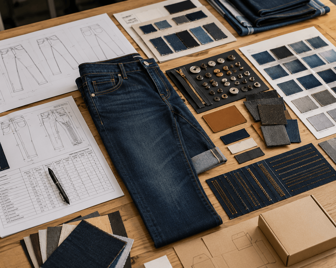 Men’s denim jeans tech pack with technical sketches, measurement chart, fabric swatches, trims and wash references
