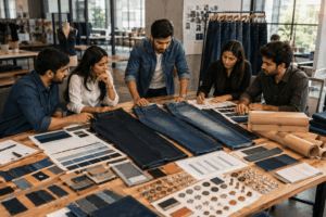 Fashion startup planning men’s denim jeans styles, fits, washes and size assortment for a first private label collection