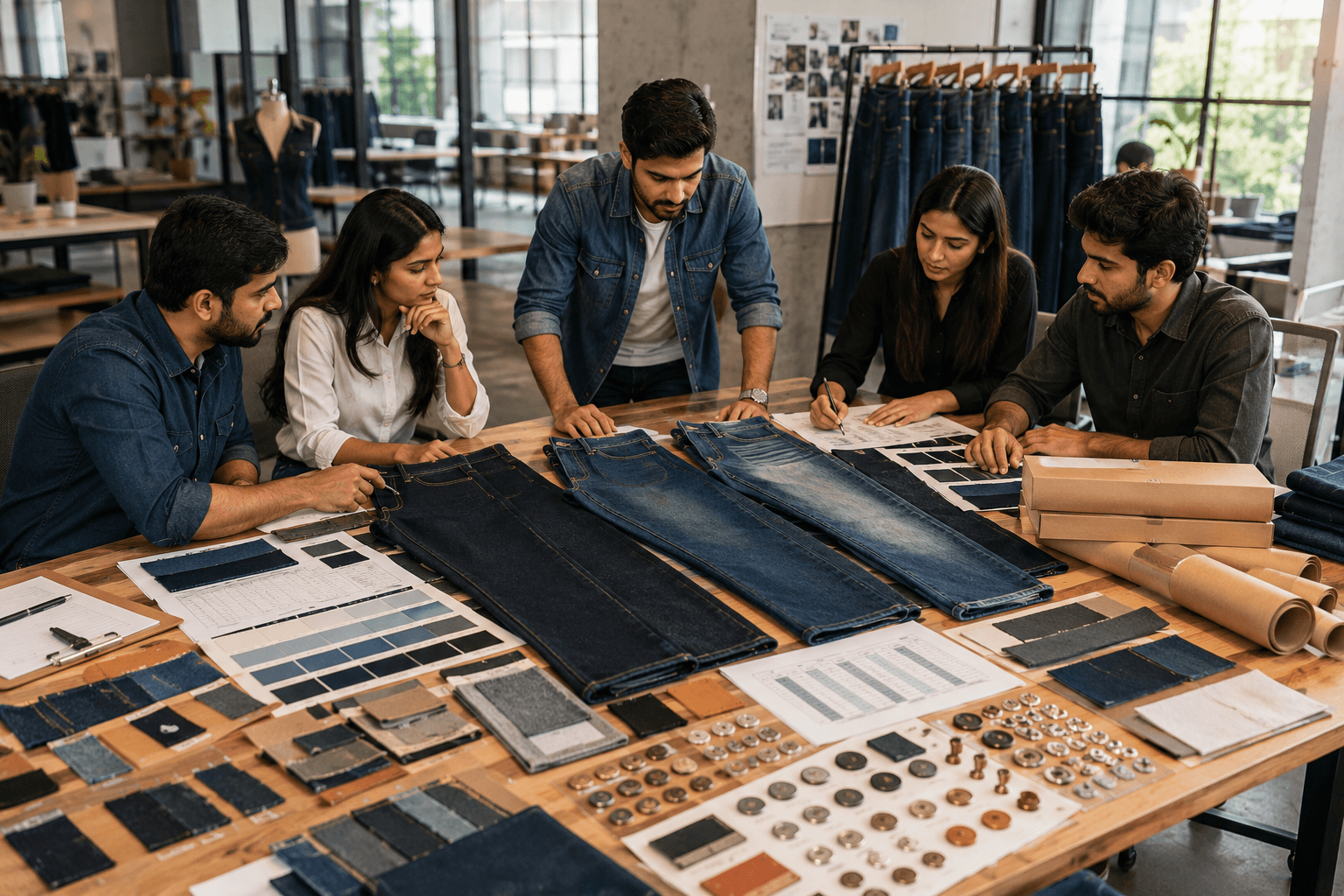 Fashion startup planning men’s denim jeans styles, fits, washes and size assortment for a first private label collection