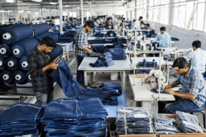 Modern factory producing premium private label men's denim jeans for global clothing brands.